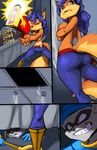  2014 anthro areola big_breasts breasts canine carmelita_fox cleavage clothed clothing comic covering covering_self erect_nipples female fox gun hook male mammal nipples raccoon ranged_weapon rape_face sly_cooper sly_cooper_(series) thefuckingdevil topless weapon 
