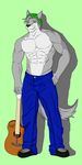  abs anthro biceps big_muscles black_nose canine clothing footwear fur green_eyes grey_fur grin guitar hat hunterramirez jeans looking_at_viewer male mammal muscles pants pecs pose shoes smile solo standing toned topless wolf 