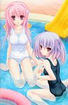  77 absurdres ass breasts gradient_hair highres large_breasts lavender_hair long_hair medium_breasts mikagami_mamizu multicolored_hair multiple_girls one-piece_swimsuit pink_eyes pink_hair red_eyes scan school_swimsuit sitting slide swimsuit tsuneha_aki tsuneha_miki wading_pool wariza white_school_swimsuit white_swimsuit yokozuwari 