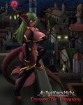  all_the_kings_men big_breasts big_butt breasts building butt claws clothed clothing demon detached_sleeves female green_hair hair hooves horn huge_breasts lavenderpandy legwear long_hair looking_at_viewer monette moon night pink_nose skimpy smile solo succubus theblackrook thick_thighs town voluptuous yellow_eyes 