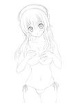  blush breasts covering covering_breasts greyscale headphones large_breasts long_hair looking_at_viewer monochrome nekohane_ryou nitroplus open_mouth panties side-tie_panties solo spot_color super_sonico underwear 