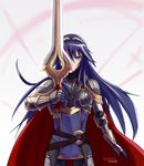  1girl armor belt blue_eyes blue_hair cape fire_emblem fire_emblem:_kakusei headband long_hair lucina nintendo simple_background solo sword weapon 