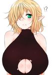  1girl bare_shoulders blush breasts cleavage cleavage_cutout green_eyes hair_over_one_eye han_(jackpot) huge_breasts mizuhashi_parsee open_clothes pointy_ears shirt sleeveless sleeveless_turtleneck solo sweat torn_clothes torn_shirt touhou turtleneck 