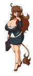  2014 alpha_channel bag big_breasts bovine breasts brown_hair cleavage clothed clothing cow_ears eikasianspire eyewear female glasses green_eyes hair heels horn human long_hair looking_back mammal necktie skirt solo standing suit wide_hips 