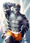  2018 abs anthro armpit_hair badtiger beard biceps bulge chest_tuft clothed clothing facial_hair feline fur hair hand_behind_head hands_on_hip male mammal muscular muscular_male pubes solo tattoo tiger topless tuft 