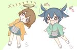  :d :o bangs blue_hair blush brown_hair chibi commentary expressive_hair flying hair_between_eyes helicopter_hair hiryuu_(kantai_collection) jako_(jakoo21) japanese_clothes kantai_collection long_sleeves multiple_girls one_side_up open_mouth pleated_skirt skirt smile souryuu_(kantai_collection) translated twintails 