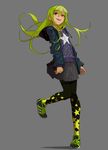 absurdres breasts green_hair highres hood hood_down hoodie long_hair nanbo_ataru_(attall) open_clothes open_hoodie original pantyhose print_legwear red_eyes shirt shoes skirt small_breasts sneakers socks solo star star_print stitches t-shirt 