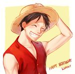  1boy birthday eyes_closed hand_on_hat hand_on_headwear hat male male_focus monkey_d_luffy one_piece red_vest smile solo straw_hat vest yamsong 