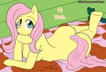  anthro bedroom_eyes blue_eyes breasts equine female fluttershy_(mlp) friendship_is_magic fur hair hooves horse inside long_hair looking_at_viewer lying mammal my_little_pony otakon_(artist) pink_hair pony presenting smile solo text yellow_fur 