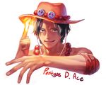  1boy character_name fire freckles hat jewelry male male_focus necklace one_piece portgas_d_ace simple_background smiley solo stampede_string topless yamsong 
