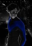  1boy abs amoona artist_name batman_(series) bodysuit dc_comics dick_grayson domino_mask male male_focus mask nightwing solo spot_color 