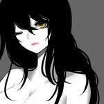  ahri bad_id bad_pixiv_id black_hair breasts cleavage facial_mark greyscale hair_between_eyes large_breasts league_of_legends long_hair monochrome one_eye_closed parted_lips simple_background solo spot_color topless yellow_eyes yuneeee 