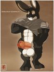  2014 aaron_(artist) abs anthro balls biceps big_muscles bottomless bouncer bulge clothing erection lagomorph looking_at_viewer male mammal muscles penis pepsi_(fa) rabbit security smile solo 