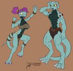  2014 abs arashidrgn areola big_breasts breasts claws clothing female hair lizard male nipples open_mouth plain_background reptile saurian scales scalie yawg 