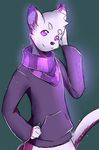  cat ceru clothed clothing feline fur hoodie looking_at_viewer mammal naomy purple_eyes scarf solo standing white_fur 