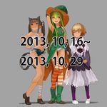  animal_ears arm_grab bandages blind blonde_hair brown_eyes brown_hair cat_ears cat_tail closed_eyes dress ghost green_hair halloween long_hair multiple_girls nanbo_ataru_(attall) original panties pantyhose pumpkin red_eyes see-through short_hair short_shorts shorts stitches striped striped_legwear tail thighhighs torn_clothes torn_shorts twintails underwear witch 