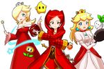  3girls alternate_color book chiko_(mario) crown dress fire fire_emblem fire_emblem:_kakusei fire_flower fireball frying_pan hood luma multiple_girls my_unit my_unit_(fire_emblem:_kakusei) nintendo power-up princess_peach red rosalina_(mario) rosetta_(mario) super_mario_bros. super_mario_galaxy super_smash_bros. sword turnip wand weapon 