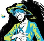  1boy character_name color_palette hat limited_palette long_sleeves luffy male male_focus monkey_d_luffy one_piece open_clothes open_mouth open_shirt palette scar shirt smile solo straw_hat yamsong 