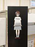  1girl arms_at_sides bangs blunt_bangs brown_footwear brown_hair canon_(company) dress full_body glasses highres logo looking_at_viewer original panasonynet patterned_clothing photo screen shoes short_hair socks solo standing unconventional_media white_legwear 