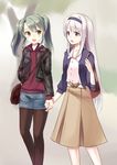  absurdres bag belt black_legwear blurry blush brown_eyes brown_skirt casual coat contemporary denim denim_shorts depth_of_field grey_hair hairband highres holding_hands hood hood_down hooded_sweater kantai_collection kurase37 long_hair looking_at_another multiple_girls nail_polish pantyhose pleated_skirt shorts shoukaku_(kantai_collection) shoulder_bag silver_hair skirt sweater twintails very_long_hair zuikaku_(kantai_collection) 