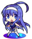  :o ahoge banned_artist blue_eyes blue_hair breasts chibi china_dress chinese_clothes cleavage cleavage_cutout dress full_body hairband long_hair looking_at_viewer medium_breasts orie_(under_night_in-birth) outstretched_arms solo standing star thighhighs under_night_in-birth v-shaped_eyebrows white_legwear yusano 