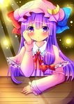  blush capelet chocolat_(momoiro_piano) crescent hair_ribbon hand_on_own_cheek hand_on_own_face hat long_hair long_sleeves looking_at_viewer mob_cap open_mouth patchouli_knowledge purple_eyes purple_hair red_ribbon ribbon solo touhou tress_ribbon very_long_hair 