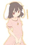  animal_ears bad_id bad_pixiv_id black_hair blush bunny_ears carrot_necklace dress dress_lift inaba_tewi jewelry looking_at_viewer panties pendant pink_dress red_eyes sala_mander short_hair short_sleeves simple_background solo touhou underwear white_background white_panties 