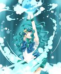  aqua aqua_background aqua_hair arms_up back_bow bishoujo_senshi_sailor_moon blue_eyes bow brooch gloves green_skirt hydrokinesis jewelry kaiou_michiru long_hair magical_girl pleated_skirt ribbon sailor_collar sailor_neptune sailor_senshi_uniform shirataki_kaiseki skirt smile solo tiara water white_gloves 