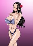  1girl areola_slip areolae bare_shoulders black_hair blush bra breasts collarbone earrings female flower highres jewelry large_breasts legs long_hair looking_at_viewer navel nel-zel_formula one_piece panties rose simple_background solo standing strapless_bra thighs underwear viola_(one_piece) violet_(one_piece) 