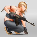  aqua_eyes assault_rifle bad_id bad_pixiv_id blonde_hair genso grey_background gun holding holding_gun holding_weapon knee_up midriff muzzle_brake original rifle shoes sneakers solo squatting tank_top tattoo trigger_discipline vz._58 weapon 