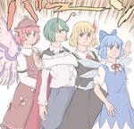  antennae bird_wings blonde_hair blue_eyes blue_hair bow brown_eyes cape cirno dress emphasis_lines expressionless frilled_dress frills green_eyes green_hair hair_bow hair_ribbon hat jojo_no_kimyou_na_bouken jojo_pose long_sleeves mefomefo multiple_girls mystia_lorelei outstretched_arms parody pink_hair pose red_eyes ribbon rumia serious shirt short_hair skirt spread_arms stardust_crusaders sweat team_9 touhou vest wings wriggle_nightbug 