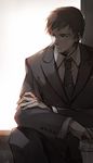 amon_koutarou backlighting black_hair blue_eyes coffee cross cross_necklace crossed_arms formal jewelry male_focus necklace necktie occacia sitting solo suit tokyo_ghoul 