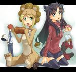  ahoge animal_costume archer artoria_pendragon_(all) black_hair blonde_hair blue_eyes boned_meat ef-clannad emiya_shirou fate/stay_night fate/tiger_colosseum fate_(series) food green_eyes lion_costume long_hair meat multiple_girls saber_lion thighhighs toosaka_rin two_side_up 
