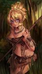  armband bare_shoulders blonde_hair blue_eyes braid breasts cleavage drill_hair french_braid full_body_tattoo jewelry jungle loincloth long_hair medium_breasts midriff monorus nature navel necklace no_panties pacifica_casull polearm scrapped_princess short_hair solo spear tattoo tooth_necklace tribal updo weapon 