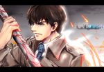  amon_koutarou black_hair blood bloody_weapon blue_eyes character_name copyright_name male_focus necktie solo tokyo_ghoul trench_coat weapon 