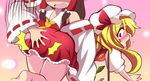  2girls ascot ass blonde_hair blush bow brown_hair detached_sleeves fang flandre_scarlet from_behind geo_(yukishitadou) hair_tubes hakurei_reimu hat hat_bow long_hair multiple_girls open_mouth red_eyes side_ponytail spanking touhou wings 