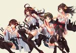  ahoge bare_shoulders black_hair boots breasts brown_hair covering covering_breasts detached_sleeves double_bun glasses hairband haruna_(kantai_collection) headgear hiei_(kantai_collection) japanese_clothes kantai_collection kirishima_(kantai_collection) kongou_(kantai_collection) large_breasts long_hair multiple_girls no_legwear nontraditional_miko open_clothes revision saimon_ma short_hair thigh_boots thighhighs torn_clothes torn_legwear 