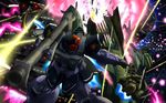  battle explosion gelgoog gun gundam gundam_0080 inyucchi mecha mobile_suit_gundam rick_dom_ii rocket_launcher shield space space_craft war weapon zaku zaku_ii zaku_ii_fz_kai 