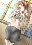  ayuayu_(shouyu_no_sato) bike_shorts brown_eyes flat_chest hips kagerou_(kantai_collection) kantai_collection long_hair looking_at_viewer navel red_hair smell smile solo sweat tank_top twintails 