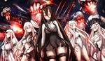  aircraft_carrier_hime airfield_hime ass_visible_through_thighs battleship_hime black_dress black_hair bodysuit breast_hold breasts cannon cleavage dress glowing glowing_eyes highres horns kantai_collection large_breasts long_hair midway_hime monster_girl multiple_girls no_panties one_side_up pale_skin parted_lips red_eyes seaport_hime serious shinkaisei-kan short_dress spaghetti_strap thigh_strap torn_clothes torn_dress turret untsue very_long_hair white_hair wristband 