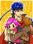  1boy 1girl blue_hair doubutsu_no_mori eating fire_emblem fire_emblem:_akatsuki_no_megami headband ike meat pear super_smash_bros. translation_request villager_(doubutsu_no_mori) yuko yuko_(taxidermy) 