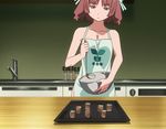  ano_natsu_de_matteru apron baking breasts brown_hair cleavage green_eyes highres kitahara_mio naked_apron nude nudist pout ribbon ribbons screencap short_hair stitched 