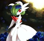  2014 absurd_res artrica black_rose female flower flower_in_hair forest garden gardevoir green_hair hair hi_res jiayi looking_at_viewer looking_back mega_evolution mega_gardevoir nintendo open_mouth outside pok&eacute;mon pokemon red_eyes rose solo standing tree video_games white_skin 