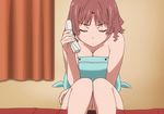  ano_natsu_de_matteru bed breasts brown_hair cleavage curtains highres kitahara_mio nude nudist phone screencap short_hair stitched stuffed_toy 