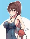  alternate_costume arms_behind_back blush breasts brown_hair dated hiiragi_hajime kantai_collection large_breasts long_hair looking_at_viewer one-piece_swimsuit ponytail red_eyes school_swimsuit sketch smile solo swimsuit torpedo twitter_username upper_body yamato_(kantai_collection) 