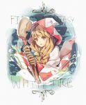  bangs blonde_hair braid brown_gloves character_name copyright_name final_fantasy final_fantasy_tactics gloves hair_over_shoulder holding holding_staff hood long_hair parted_lips robe sketch solo staff twin_braids two-handed upper_body weee_(raemz) white_mage white_mage_(fft) 