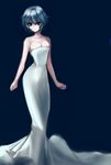  ayanami_rei bare_shoulders blue_background blue_hair breasts ch2o cleavage dress formal highres large_breasts long_dress neon_genesis_evangelion red_eyes short_hair slender_waist solo strapless strapless_dress white_dress 