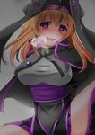  arms_behind_back blush breasts breath capelet cross dress empty_eyes habit hal_(harun) heart heart-shaped_pupils heavy_breathing large_breasts long_hair looking_at_viewer offset_spanner_(ole_tower) ole_tower open_mouth orange_hair purple_eyes saliva smile solo spread_legs symbol-shaped_pupils taut_clothes translation_request 