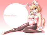  ahoge animal_ears bangs bare_shoulders black_legwear blonde_hair blush bow bowtie breasts bunny_ears bunnysuit cat_ears cat_tail cleavage detached_collar eating fake_animal_ears food full_body gradient gradient_background hairband head_tilt high_heels large_breasts legs leotard looking_at_viewer mochi original pantyhose pink_background pink_leotard pudding_(tonpuu) purple_eyes ribbon shadow shiny shiny_clothes shoes short_hair side-tie_leotard sitting solo tail tonpuu two_side_up wagashi wrist_cuffs 