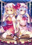  bat_wings blonde_hair blue_hair blush boots bow detached_sleeves flandre_scarlet hat highres knee_boots looking_at_viewer masaru.jp multiple_girls ornament red_eyes remilia_scarlet short_hair siblings sisters spoon spoon_in_mouth touhou wings 